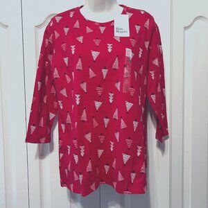 Kim Rogers-NWT-Perfectly Soft Cotton Women's Red Christmas Trees 3/4 Sleeve-Med